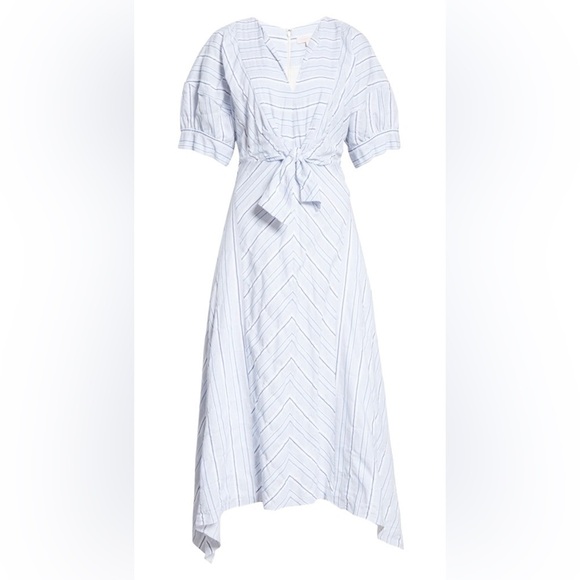 Rebecca Taylor Directional Stripe Belted Cotton Linen Midi Dress Blue White 6 - Picture 4 of 9